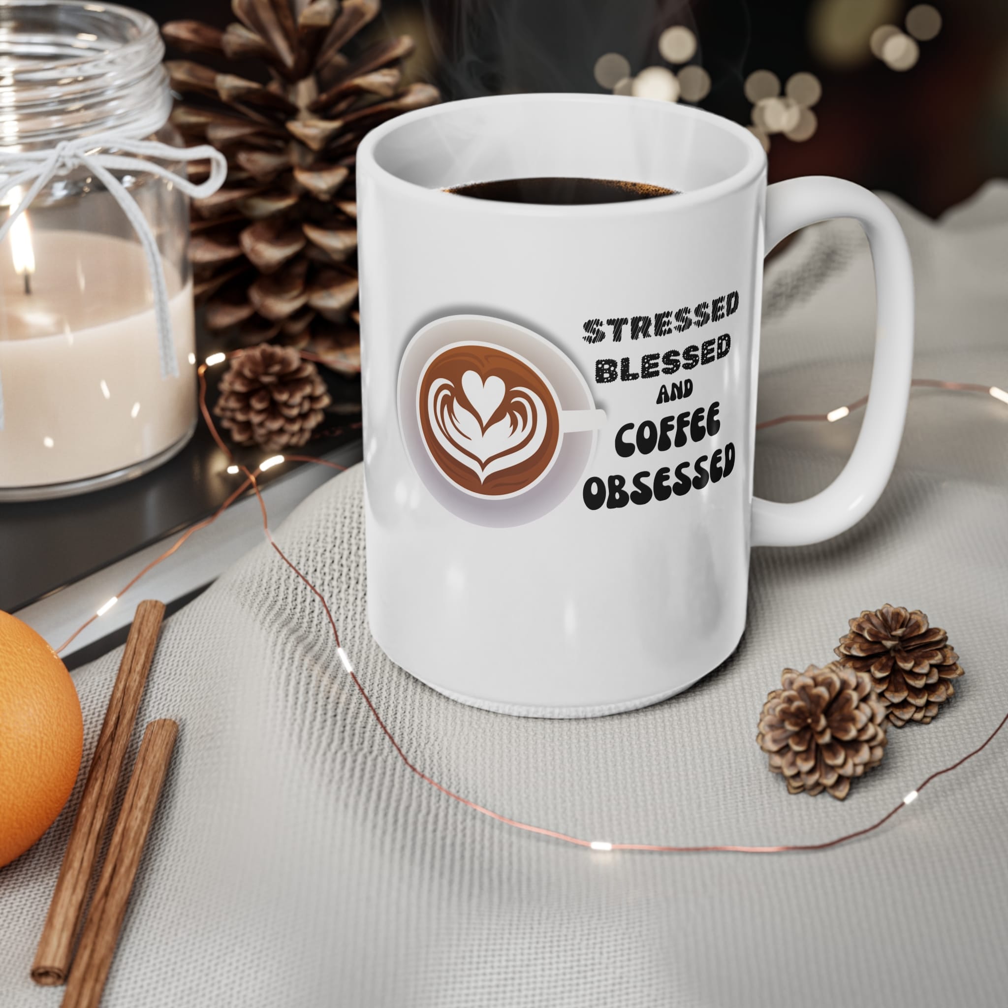 Stresses Blessed And Coffee Obsessed Funny Mug by RudeCuppa