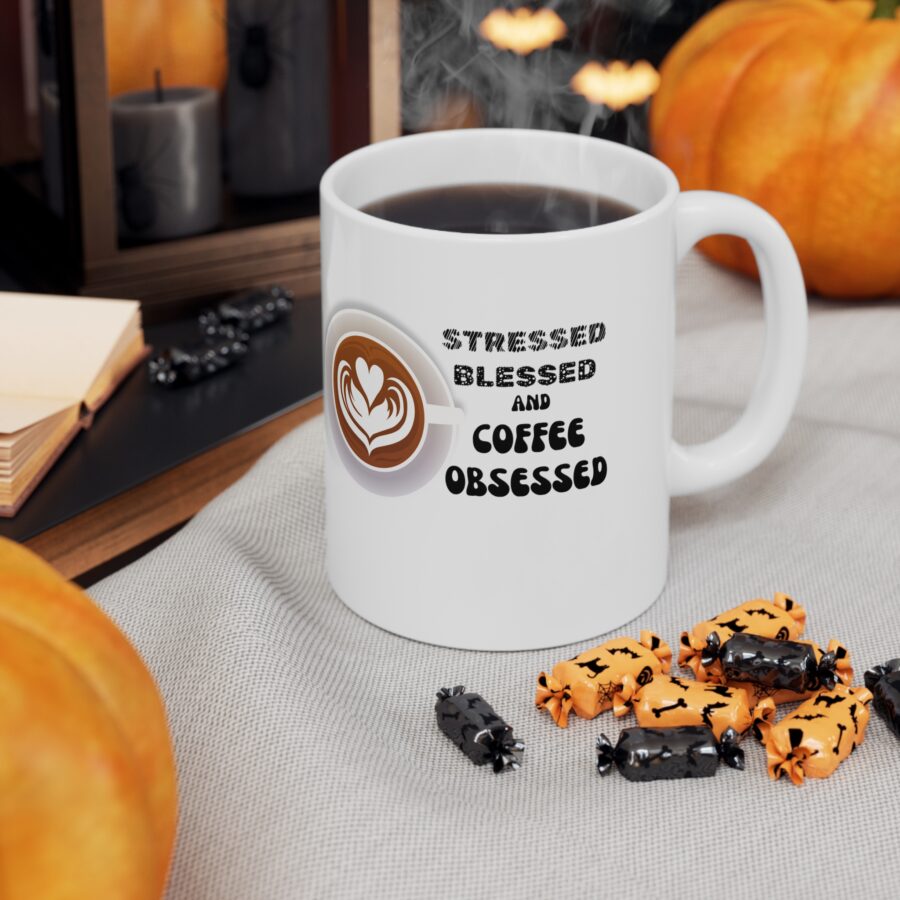 Stresses Blessed and Coffee Obsessed - Ceramic Coffee Cups, 11oz, 15oz - Image 6