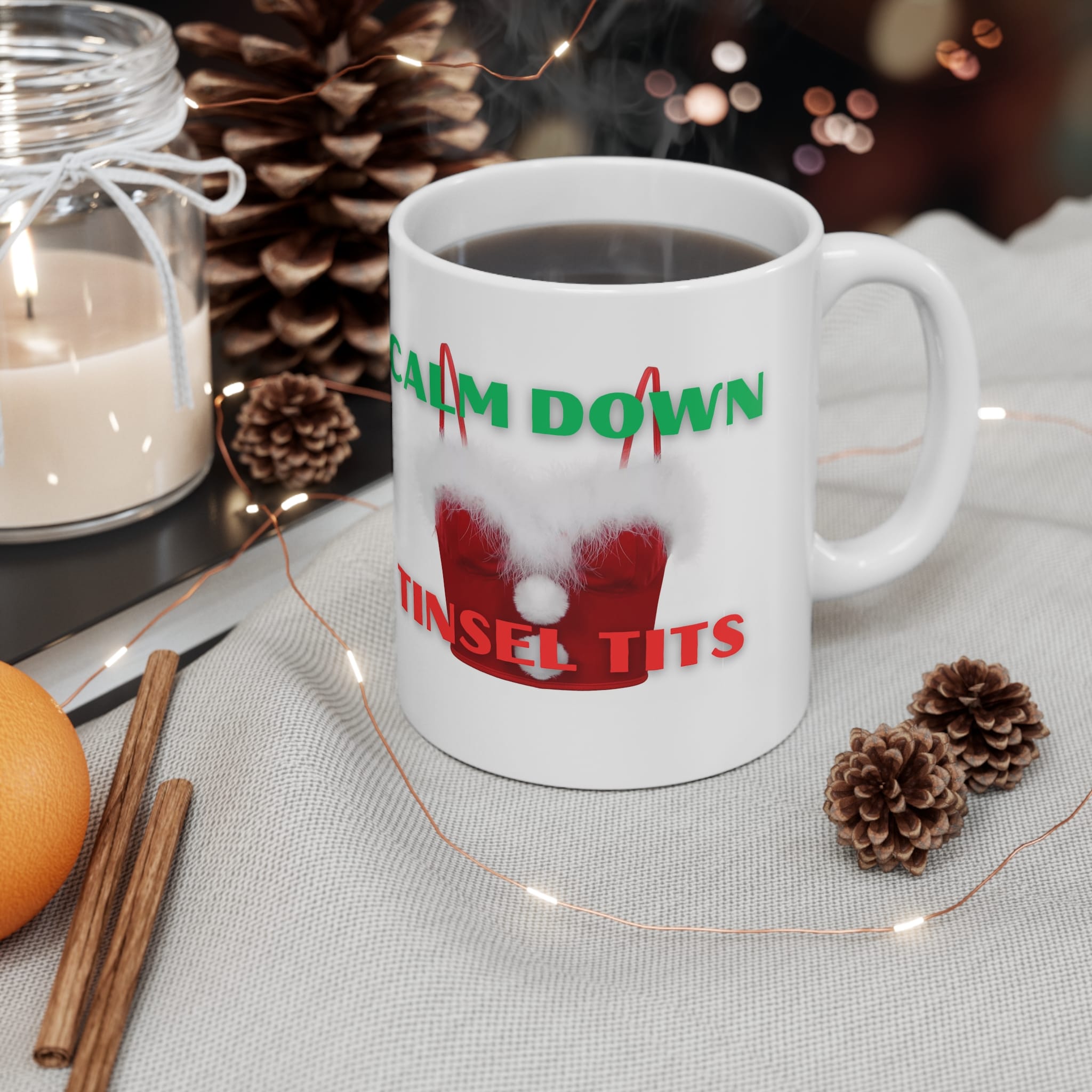 Calm Down Tinsel Tits Rude Christmas Mug by RudeCuppa
