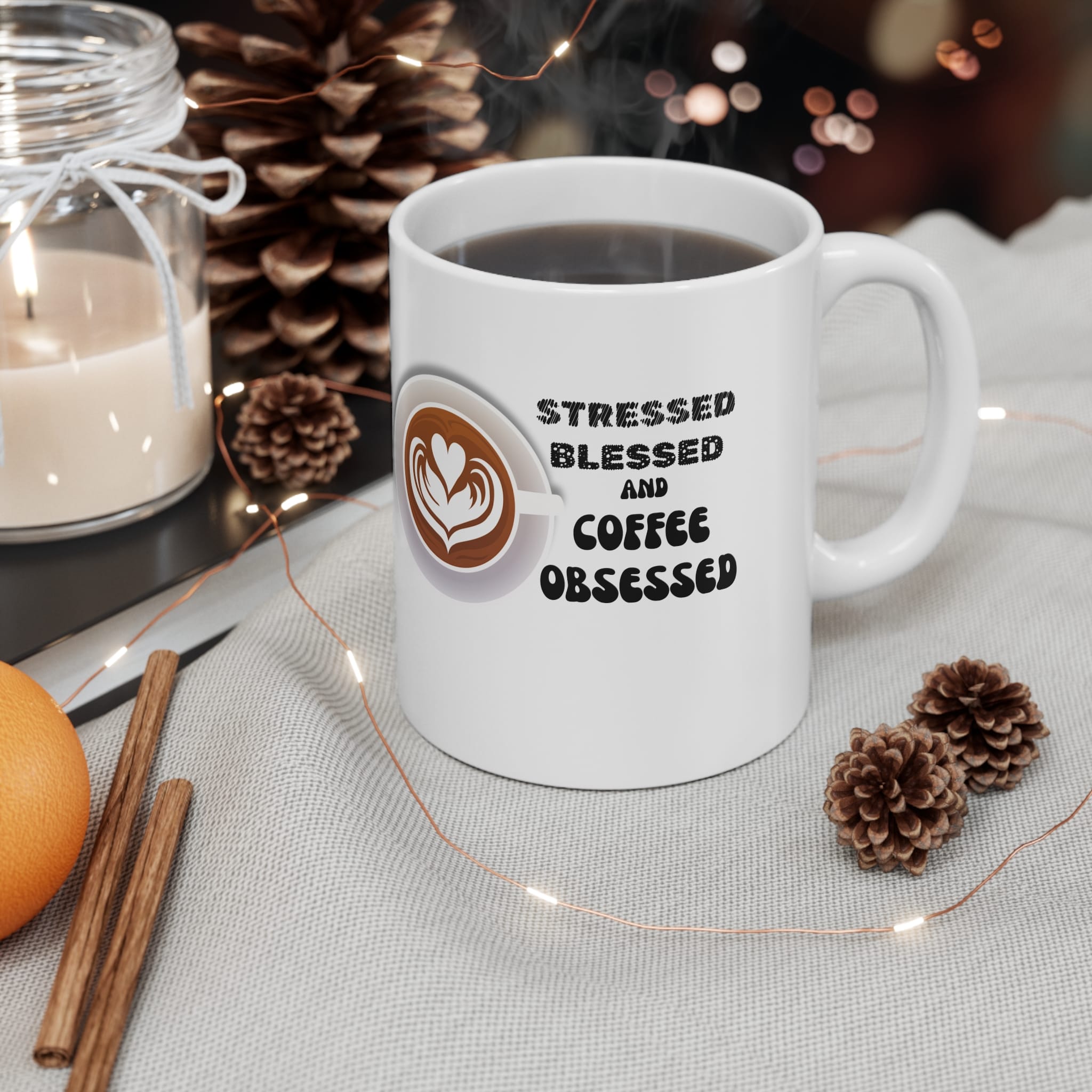 Stresses Blessed And Coffee Obsessed Funny Mug by RudeCuppa
