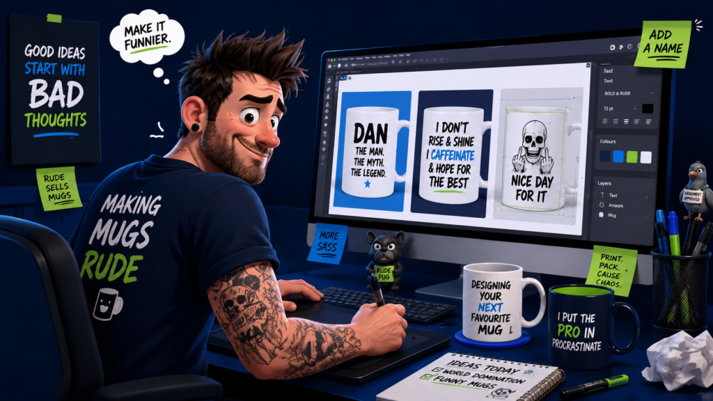 Designer creating personalised funny mug artwork for RudeCuppa