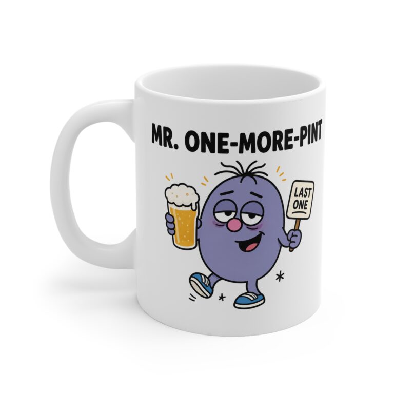 Mr. One More Pint funny beer character mug by RudeCuppa