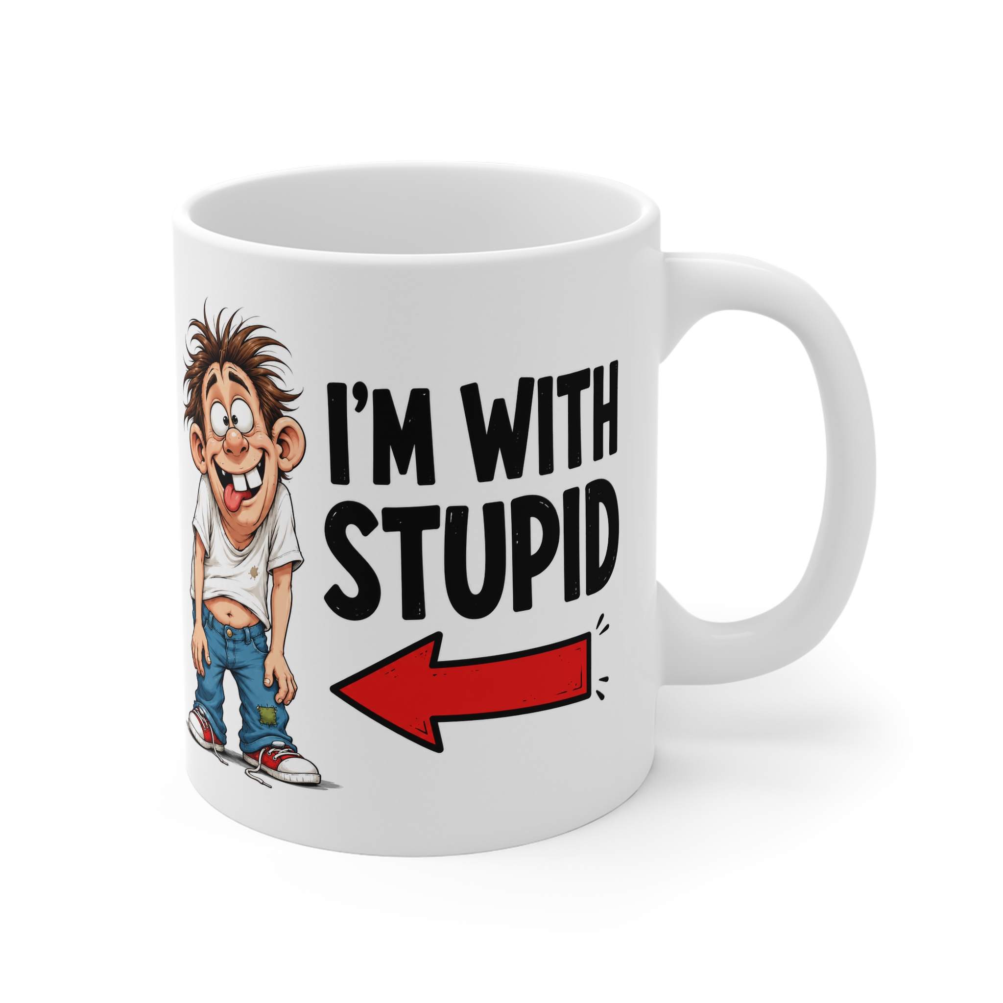 I'm With Stupid funny novelty mug, side view