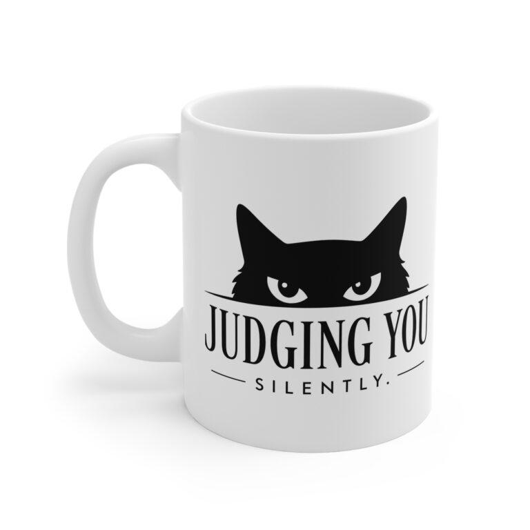 Judging You Silently funny cat mug with bold cat silhouette by RudeCuppa