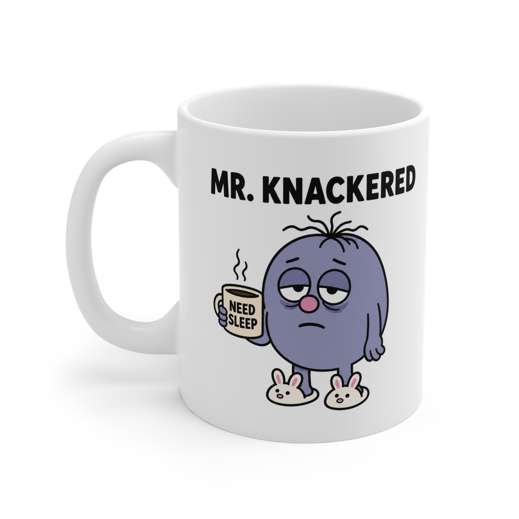 Mr. Knackered funny character mug by RudeCuppa