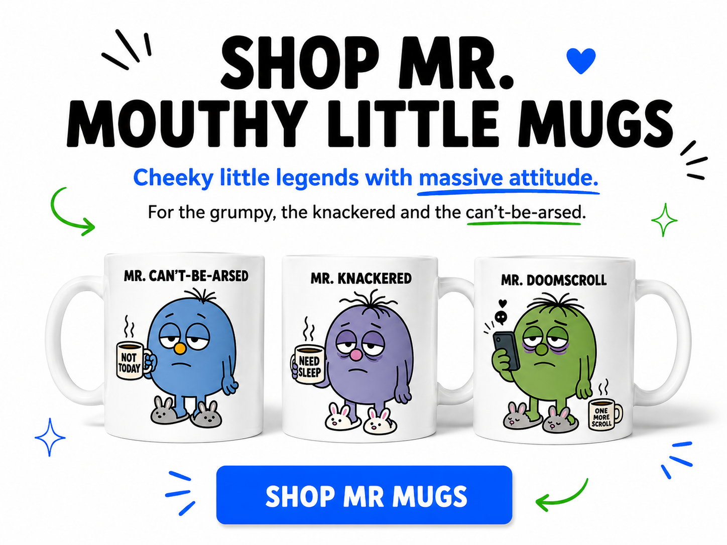 Mr. Mouthy Little Mugs collection featuring funny RudeCuppa character mugs