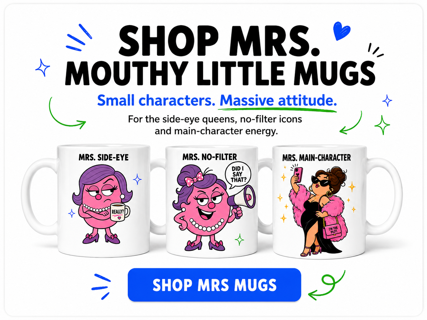 Mrs. Mouthy Little Mugs collection featuring cheeky RudeCuppa character mugs