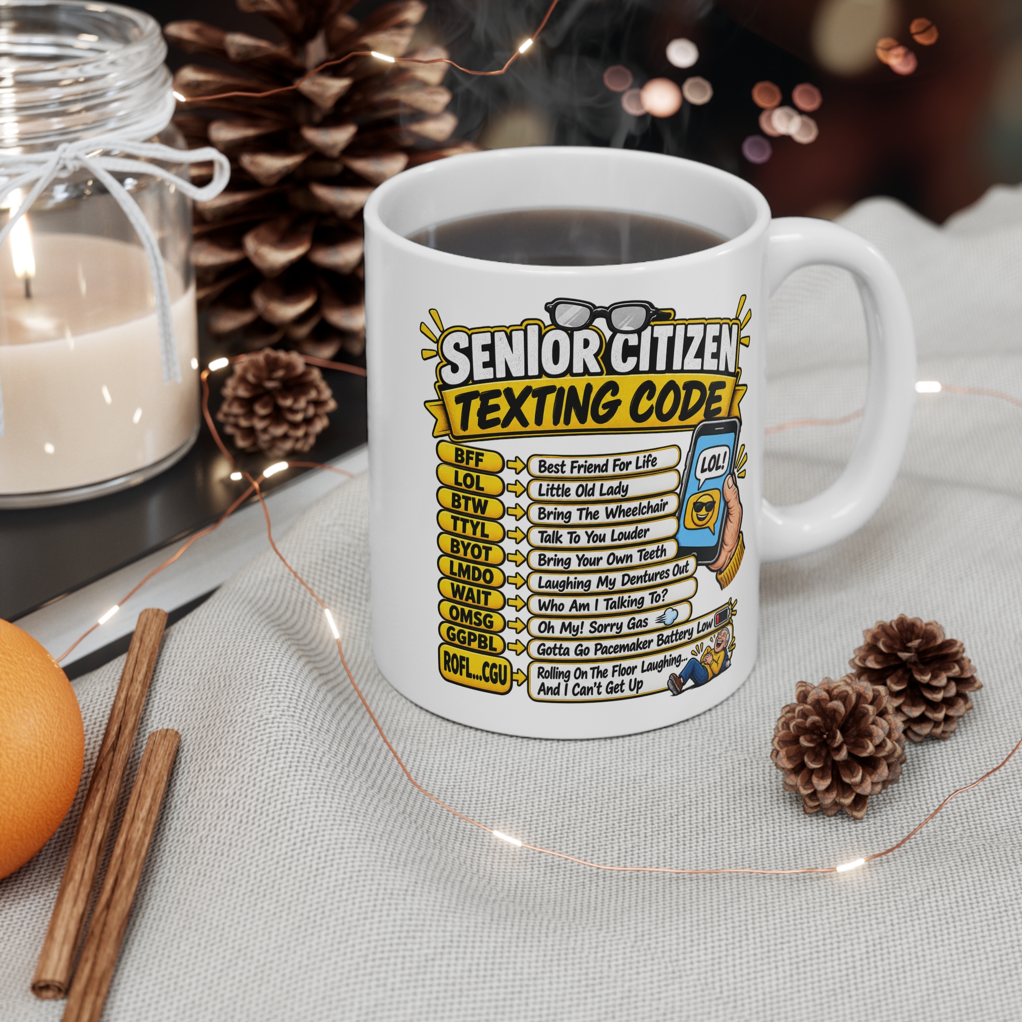 Senior Citizen Texting Code funny retirement mug by RudeCuppa