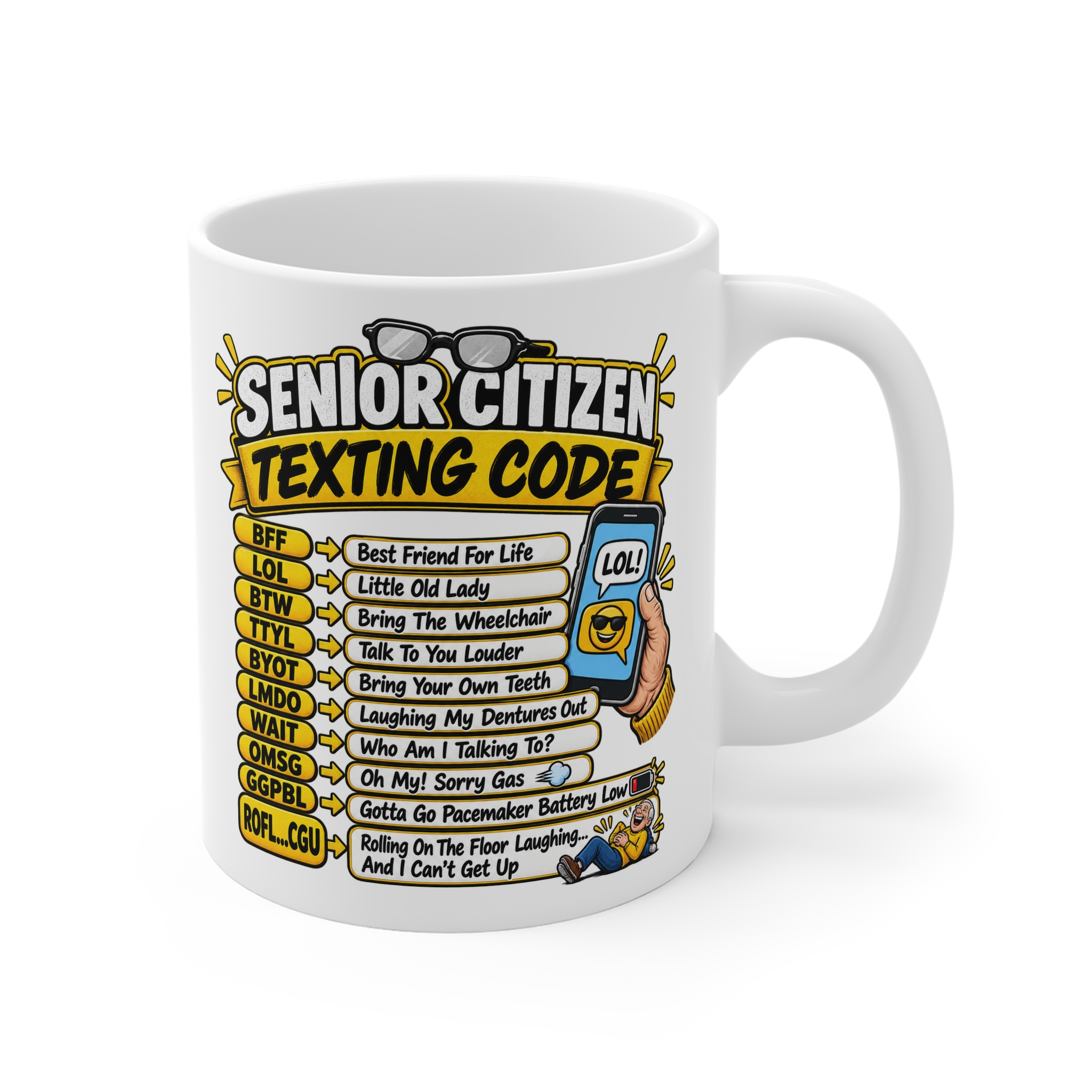 Senior Citizen Texting Code funny retirement mug by RudeCuppa