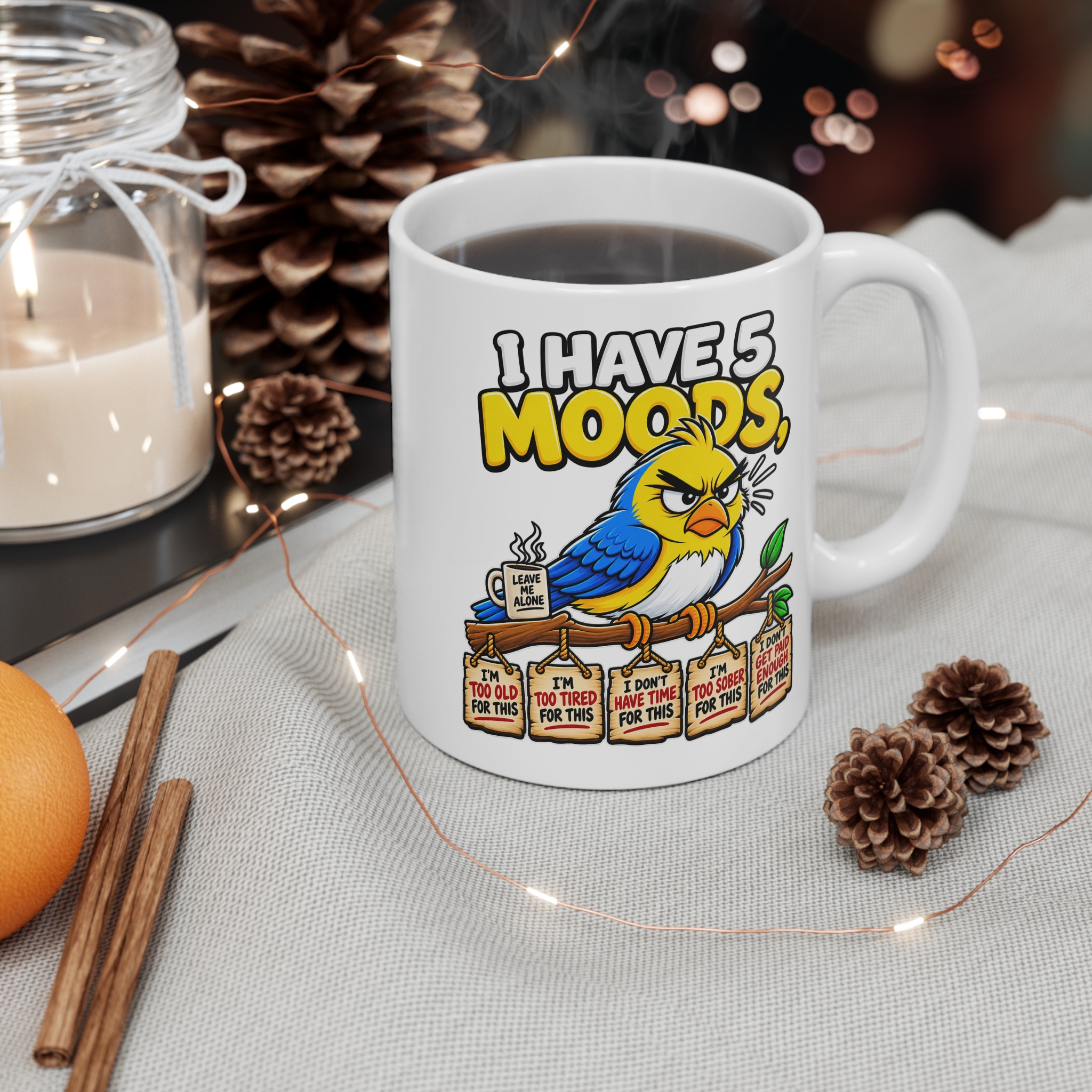 I Have 5 Moods grumpy bird mug by RudeCuppa
